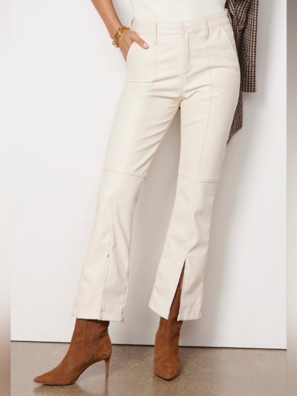 NWT KUT From The Kloth Ellery Vegan‎ Kick Flare Ivory Faux Leather Pants Size 16